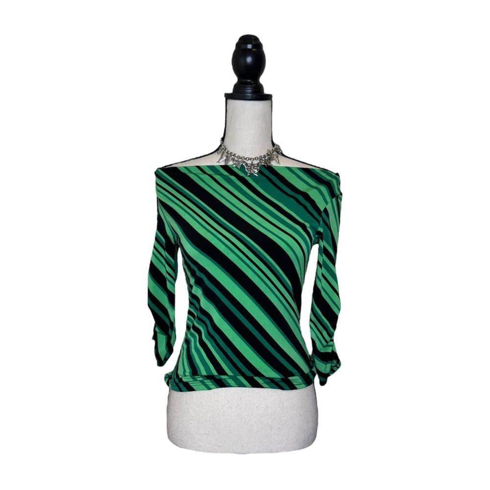 Y2K Trixxi Green + Black Stripe Boat Neck 3/4 Sleeve Top Size Small